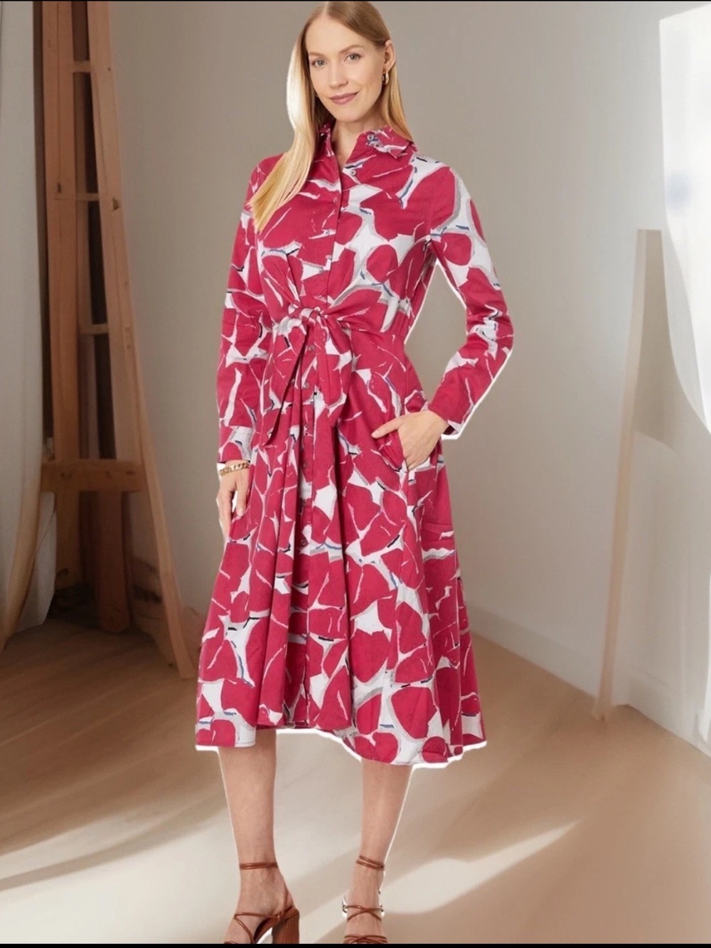 NIC + ZOE Dress Small Red Bold Petals Jessie Stretch Cotton SPRING Shirtdress - Picture 3 of 16